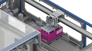 Onze klant ontwierp een compacte palletiseercel, door ons voorzien van een gantry-systeem met een korte Z-as en servodrives. Om de pallets tot 200 cm hoog te stapelen wordt de pallet omhoog gebracht met een combirolgeleiding en tandriemaandrijving. Zo wordt de pallet laag voor laag gestapeld met een snelheid tot 23 dozen per minuut. 