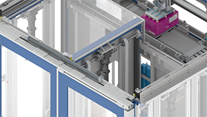 Onze klant ontwierp een compacte palletiseercel, door ons voorzien van een gantry-systeem met een korte Z-as en servodrives. Om de pallets tot 200 cm hoog te stapelen wordt de pallet omhoog gebracht met een combirolgeleiding en tandriemaandrijving. Zo wordt de pallet laag voor laag gestapeld met een snelheid tot 23 dozen per minuut. 